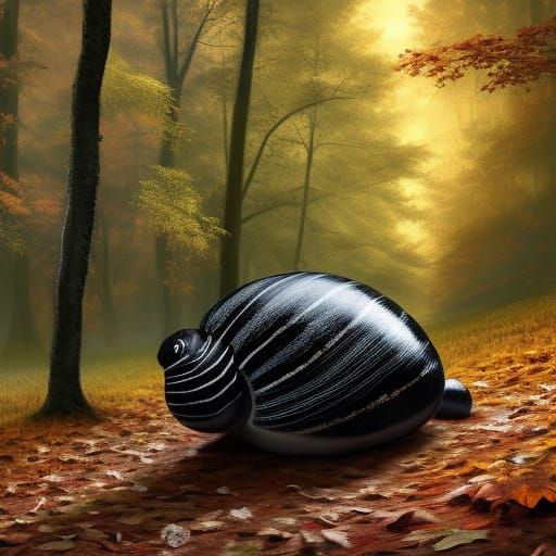 Surreal Black Snails on Autumn Path, Digital Art