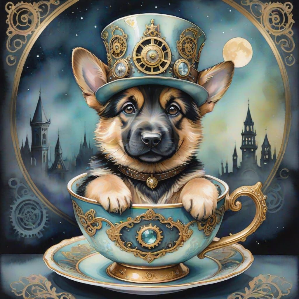 Steampunk German Shepherd Puppy in Teacup Watercolor