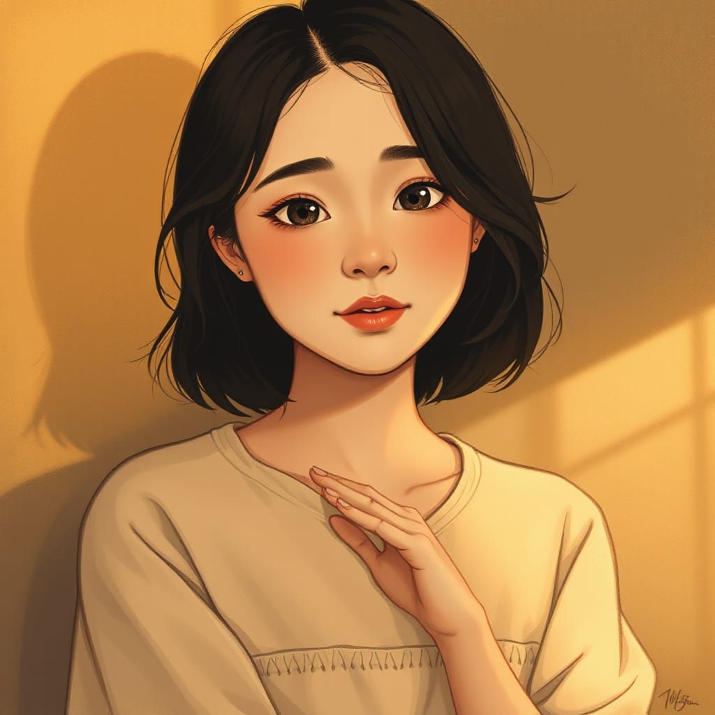 Gentle Woman Conveying Kindness in Dreamy Illustration