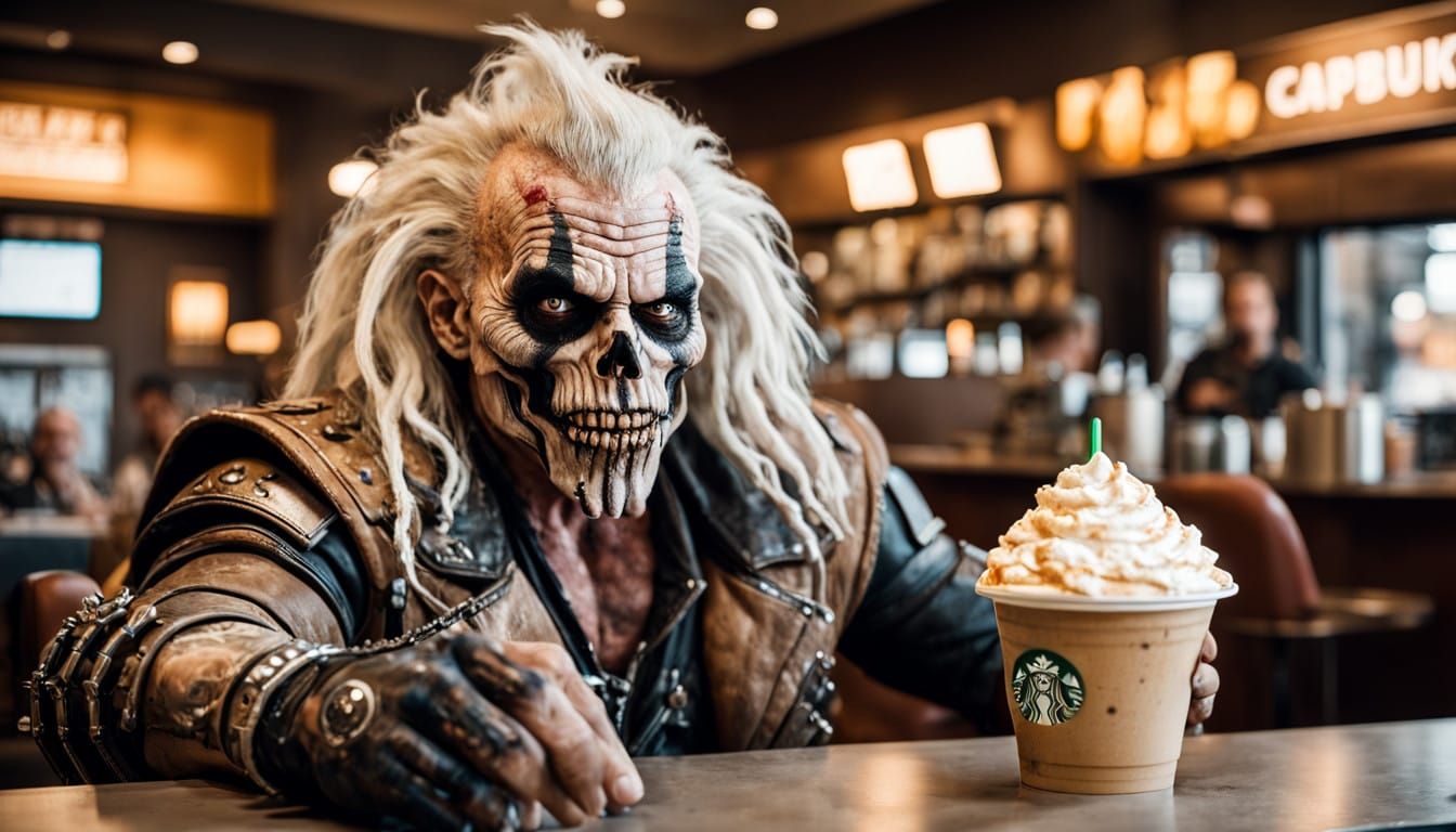 Immortan Joe Sips a Whipped Cream Cappuccino at Starbucks