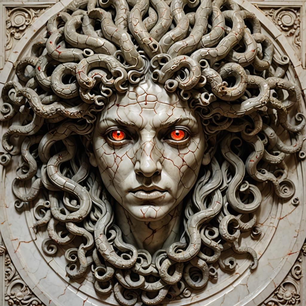 Viscous Medusa, fine detail, red veined marble eyes