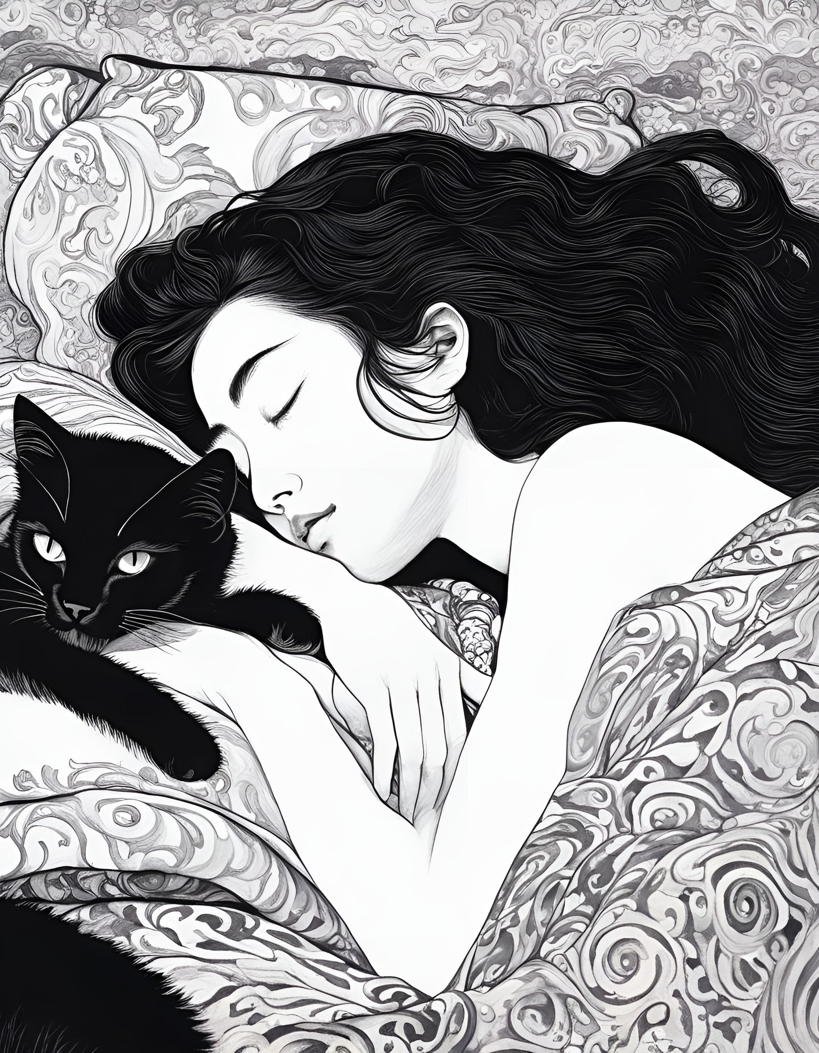 Woman Sleeping with Cat in Bonnard Style