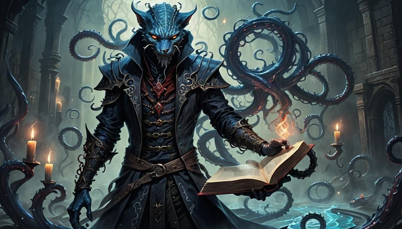 Evil Tabaxi Warlock with Eldritch Magic and Book