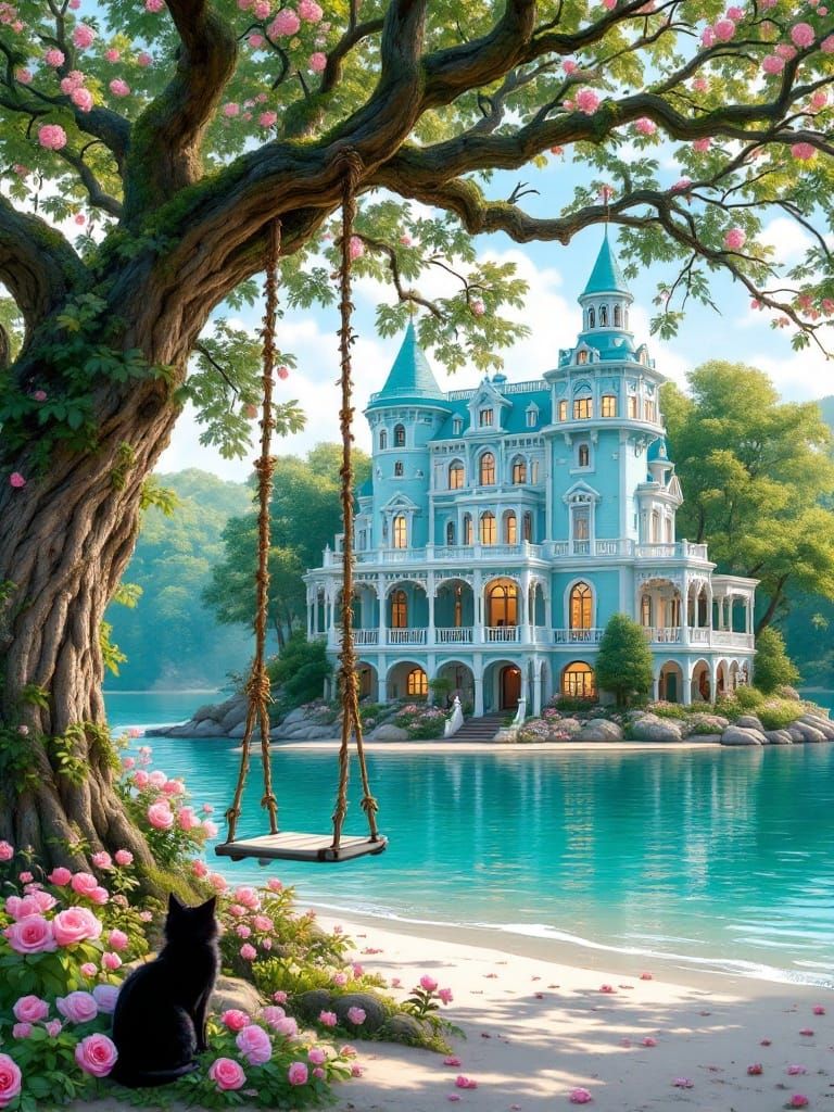 Turquoise Swing Over Calm Waters with Majestic Castle and Bl...