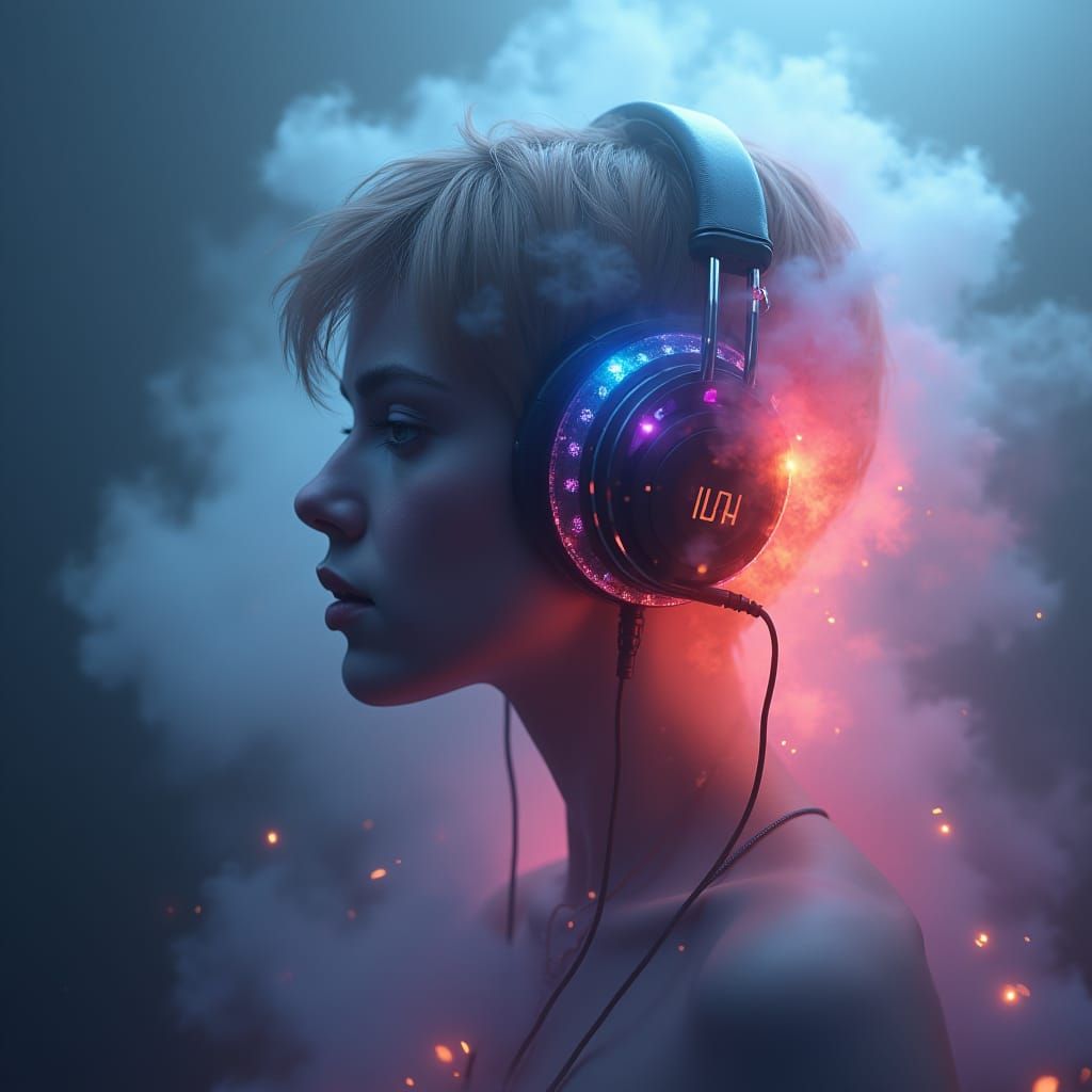 Mystical Headphones in Dreamy Sci-Fi Landscape