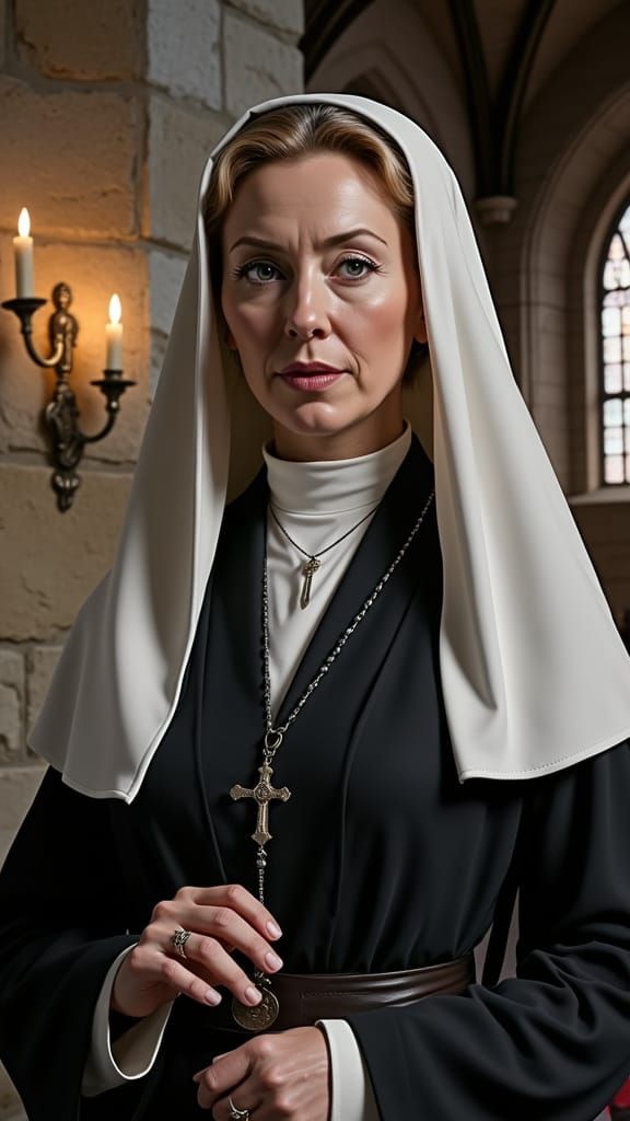 Cinematic Portrait of Confident Nun with Mysterious Past