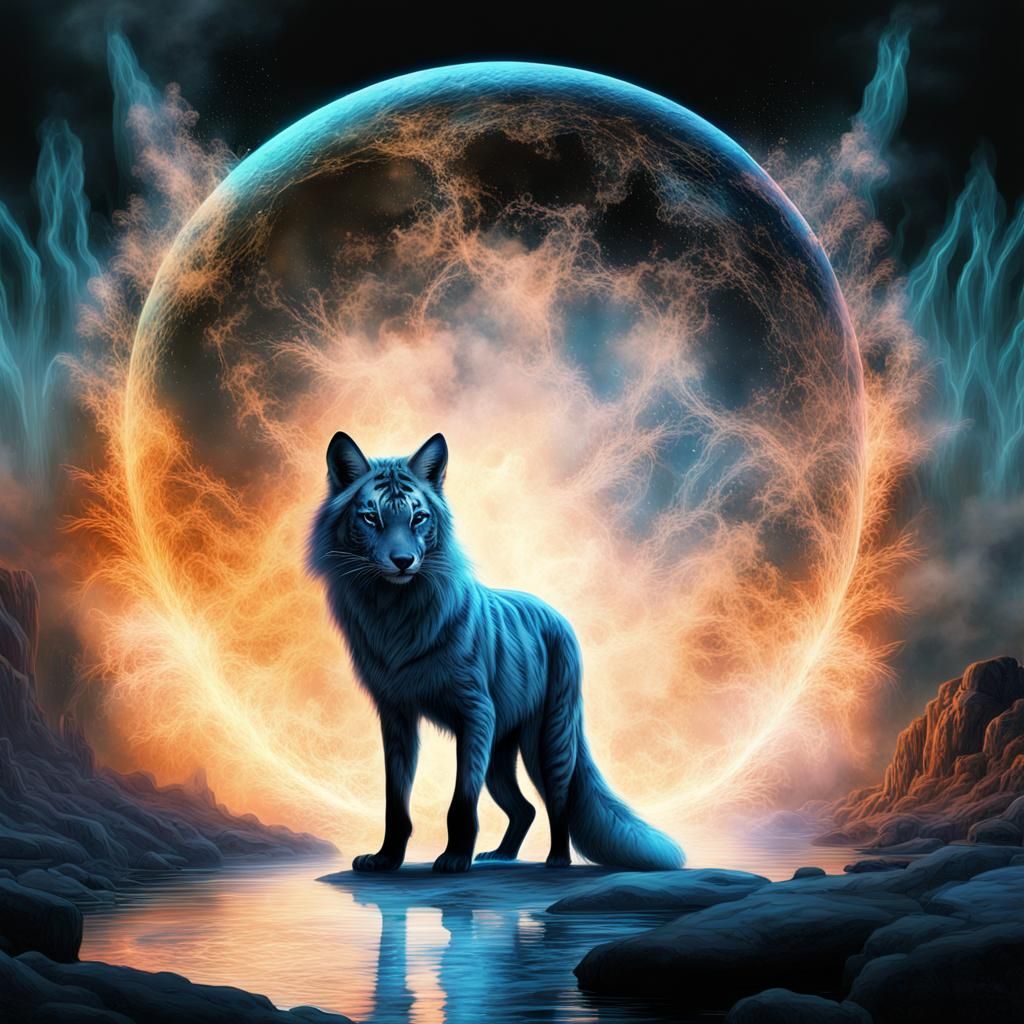 Glowing Fox-Tiger Hybrid in Bioluminescent Landscape