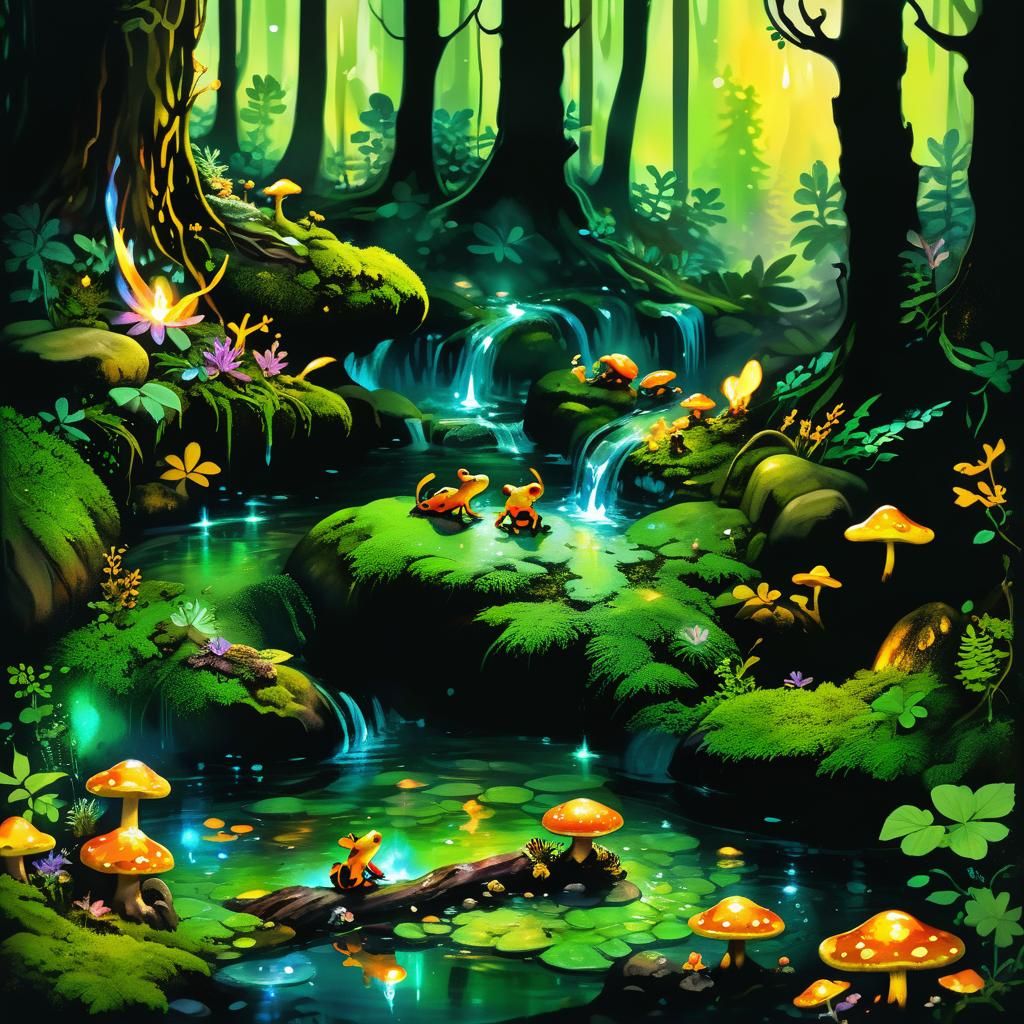 Fire Salamanders and Sprites in Magical Forest