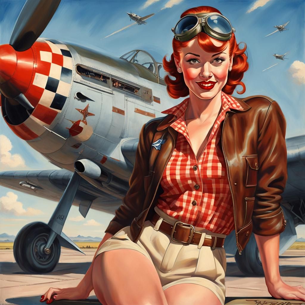 Retro Pin-Up Girl on WWII Airstrip, Gil Elvgren Style