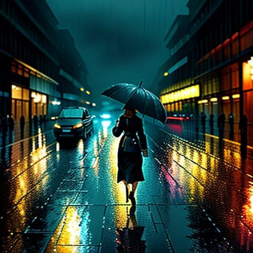 Woman Walking in Rainy Cityscape: Oil Painting