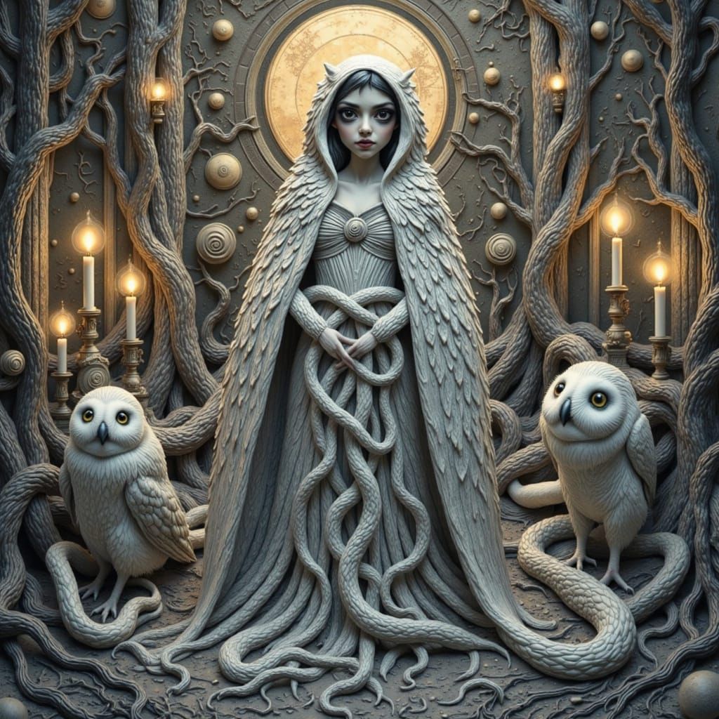 Eldritch Snow Owl Tarot Card in Claymation Style