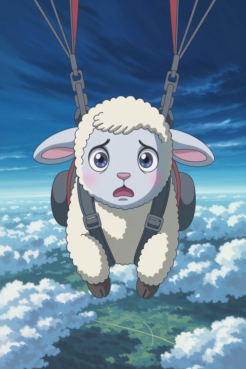 Nervous Lamb Skydiving Adventure: Cute AI Art