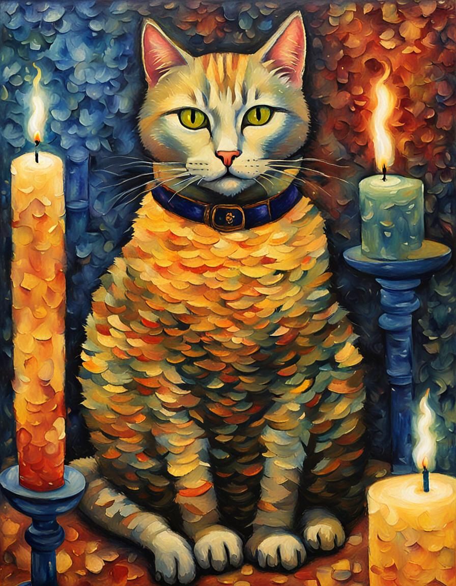 Cat in Boudoir as Encaustic Neo-Impressionist Art