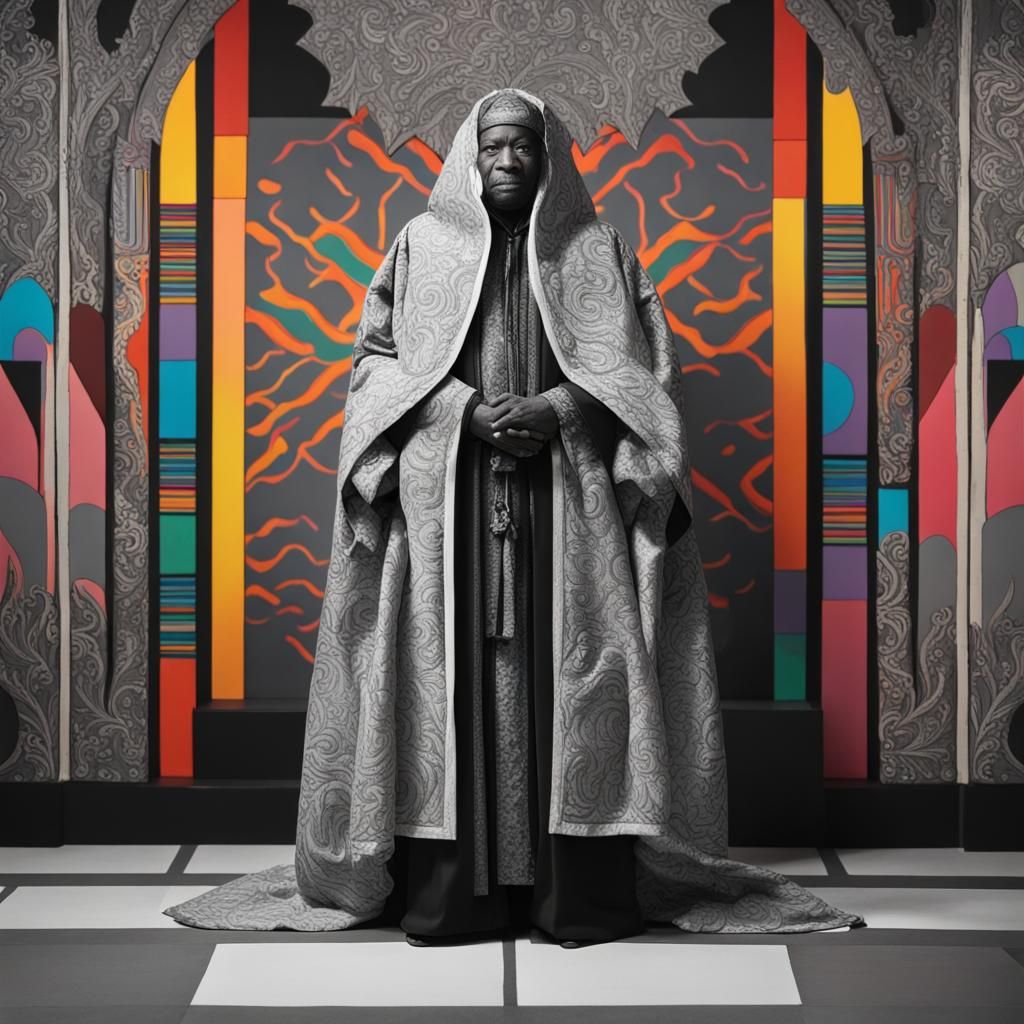 Monochrome Figure in Elaborate Robes Against Colorful Backdr...