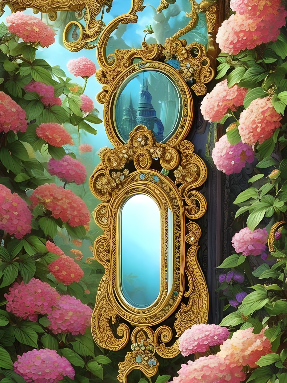 Ornate Mirror Surrounded by Turquoise Flowers