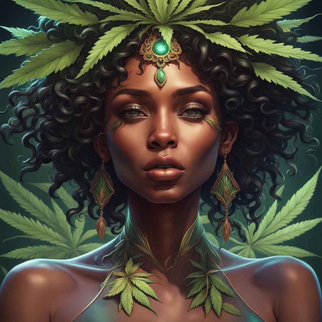 Black Marijuana Goddess Portrait in Art Nouveau Style