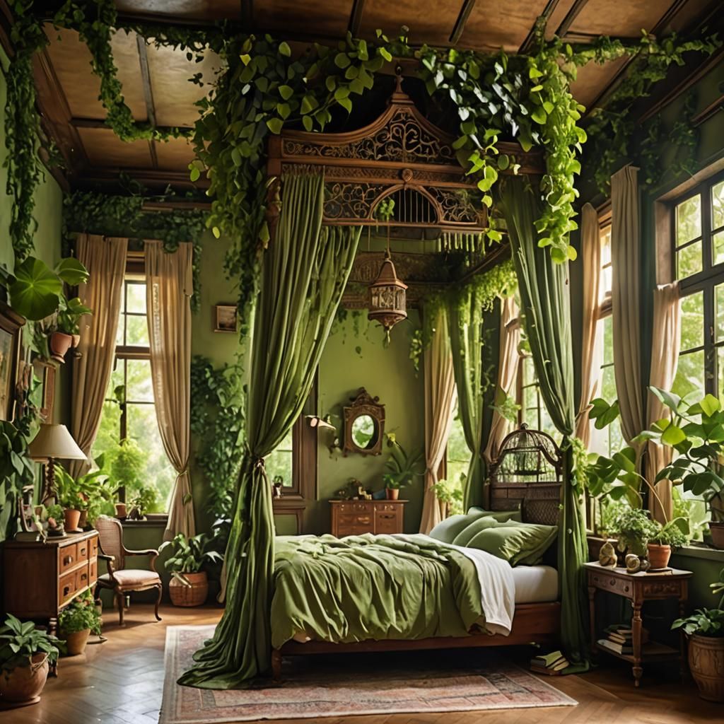 Luminous Bedroom with Ivy, Bird Cage, and Sheer Curtains