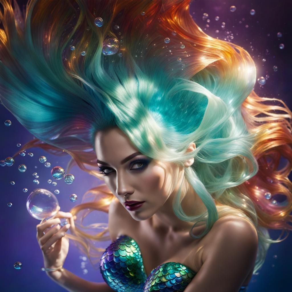 Holographic Mermaid with Prismatic Hair, Underwater Beauty