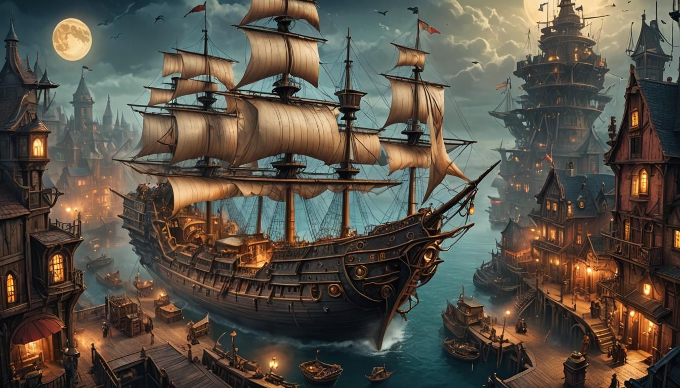 Steampunk Medieval Harbor with Airship Concept Art
