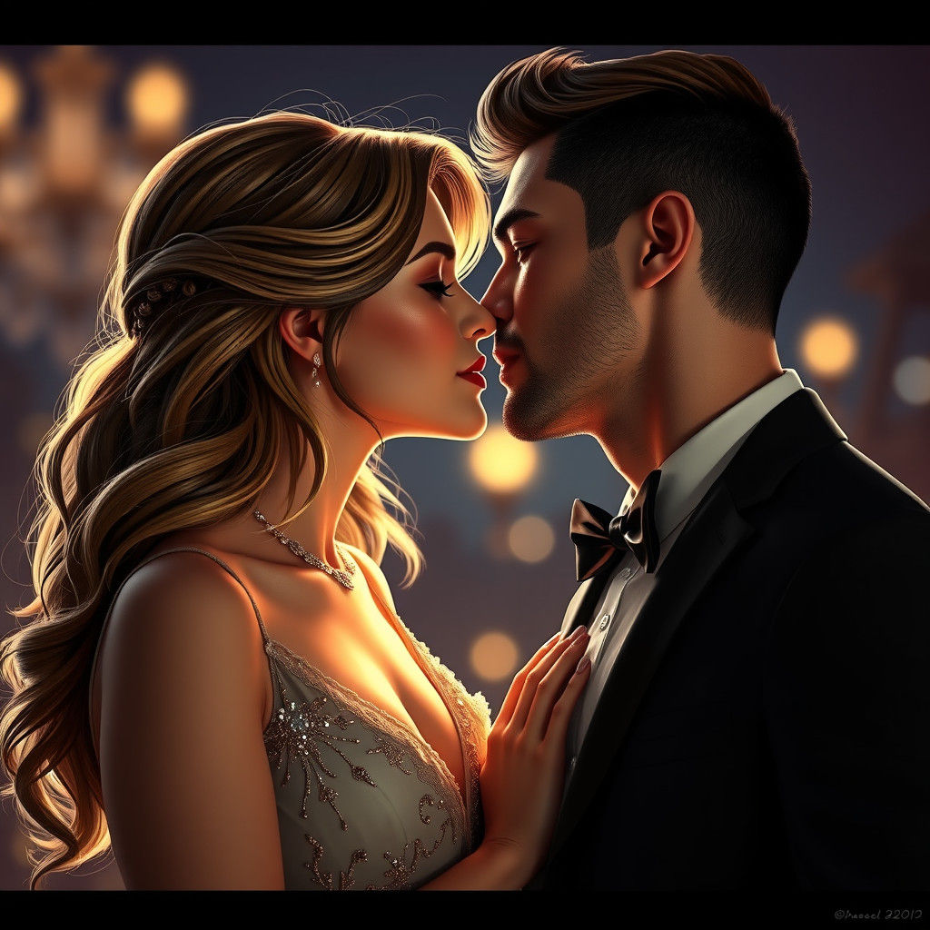 Romantic Couple Share a Goodnight Kiss: Digital Portrait