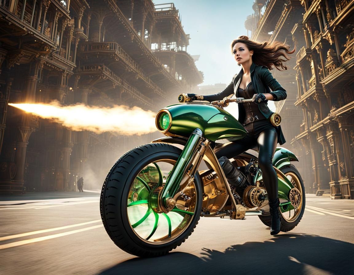 Steampunk Woman Rides Hoverbike in Sci-Fi Scene