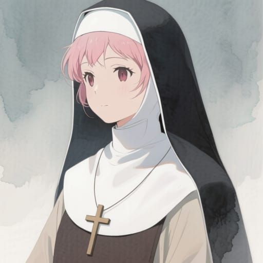 Taito Sakura as a Nun in Watercolor Style