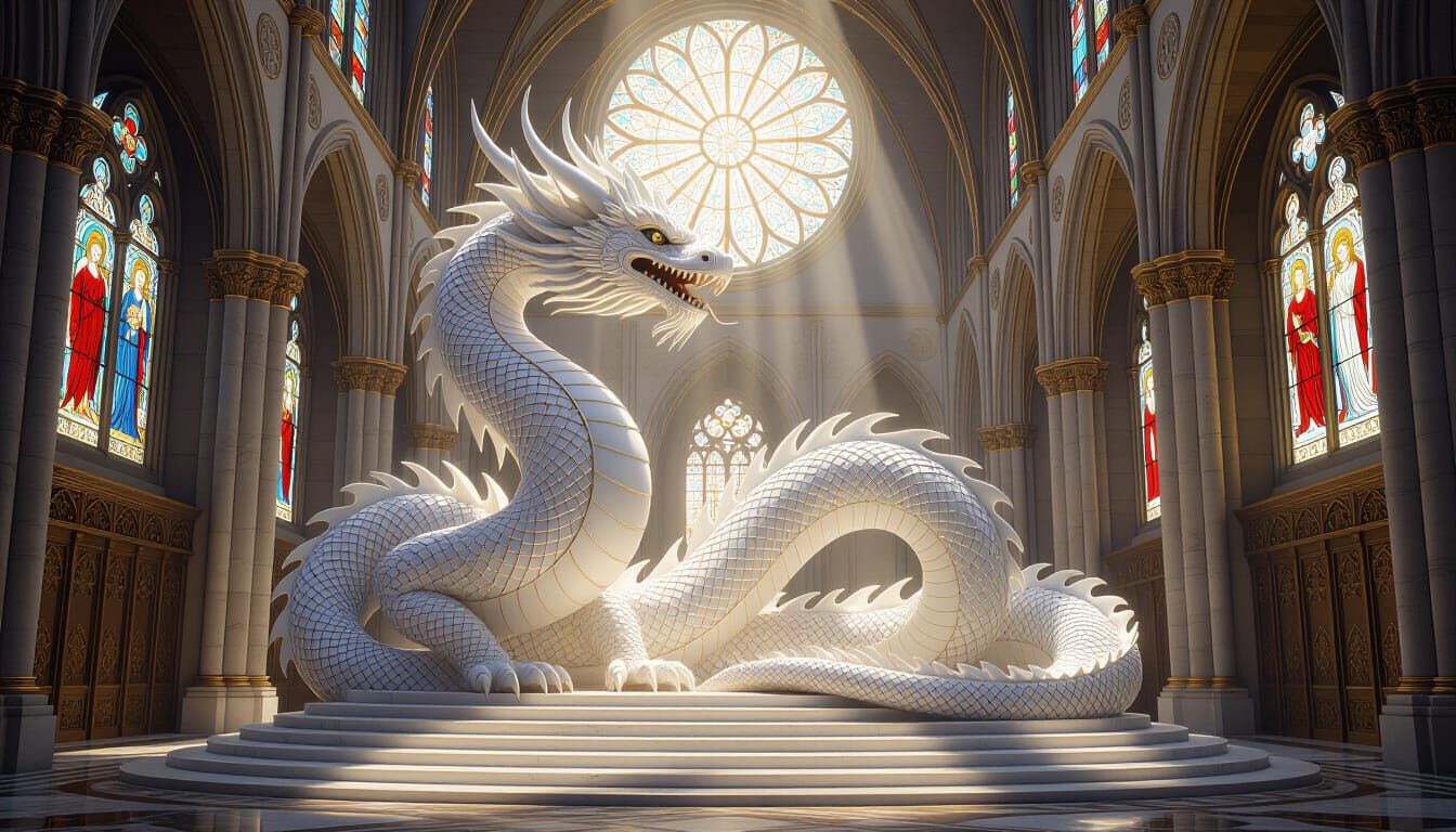 White Gold Marble Dragon in Cathedral, Cinematic Low Angle