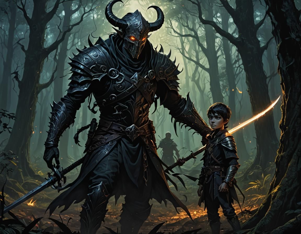 Boy Faces Shadow Elf in Dark Fantasy Environment