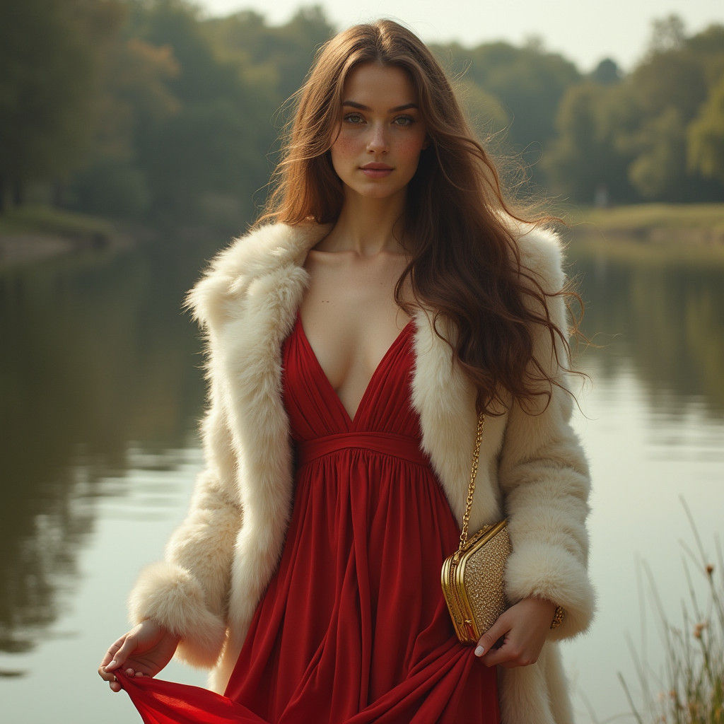 Woman in Red Dress by Lake: Pre-Raphaelite Style