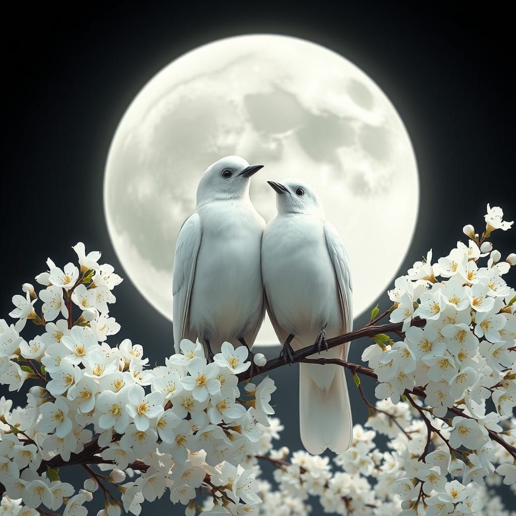 Fantastical Birds Amidst Glowing White Blossoms Under a Maje...