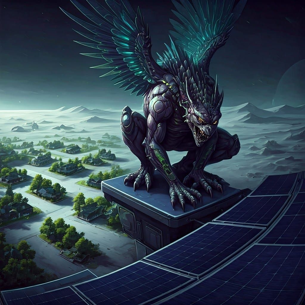 Cyberpunk Gargoyle Perches atop Solar Panel Array on the Moo...
