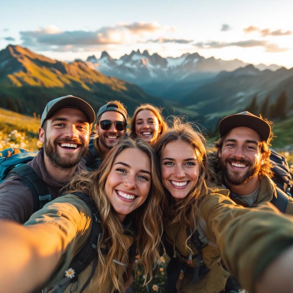 Alpine Meadow: Friends Captured in Golden Hour Light