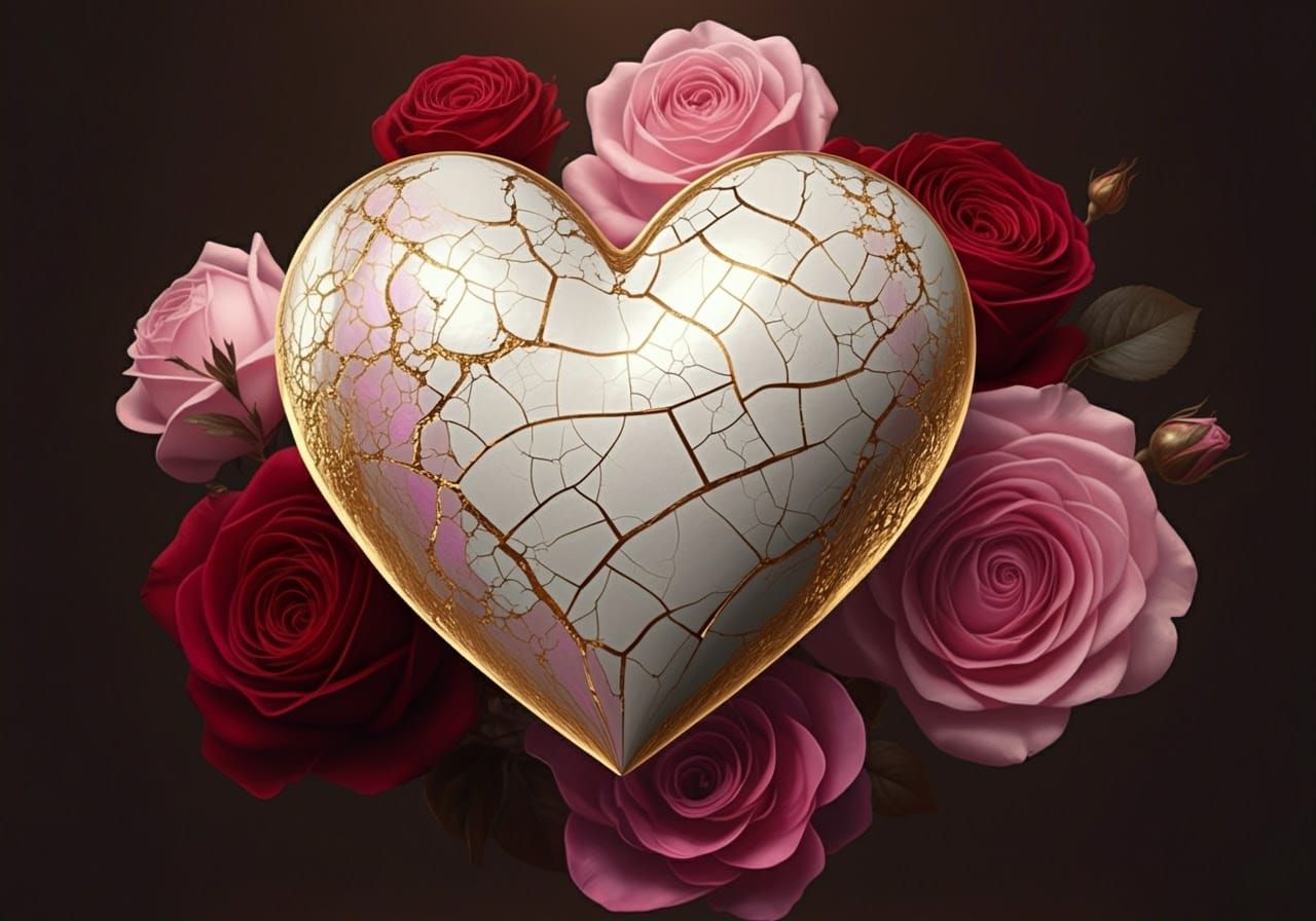 Hyper Realistic Line Art Heart with Cracked Porcelain Textur...