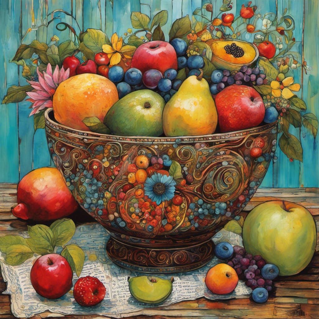 Fruit and Flowers Still Life in Art Brut Style