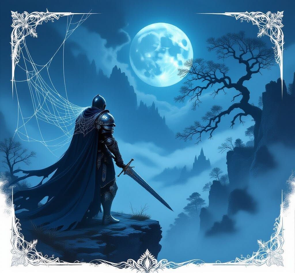 Knight in Gothic Armor with Spiderwebs Overlooking Forest