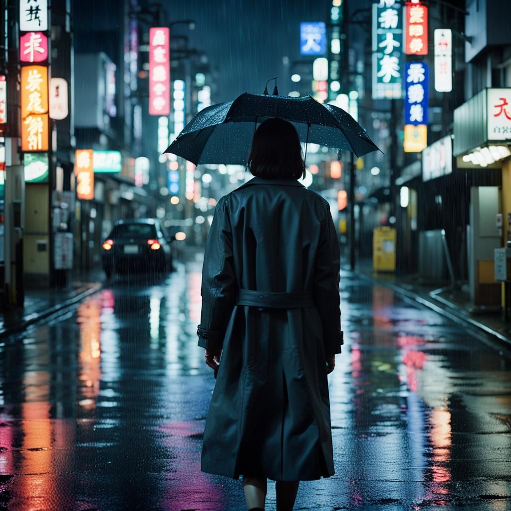 Neon Noir: Woman in Rainy Tokyo Street