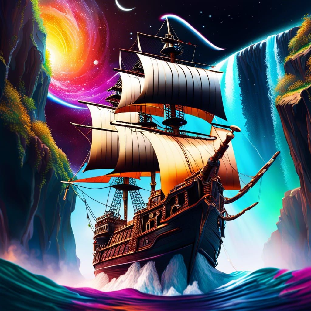 Pirate Ship Sails into Space: Hyperrealistic Splash Art