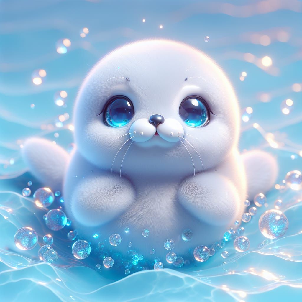 Adorable 3D White Seal Swimming in Blue Ocean