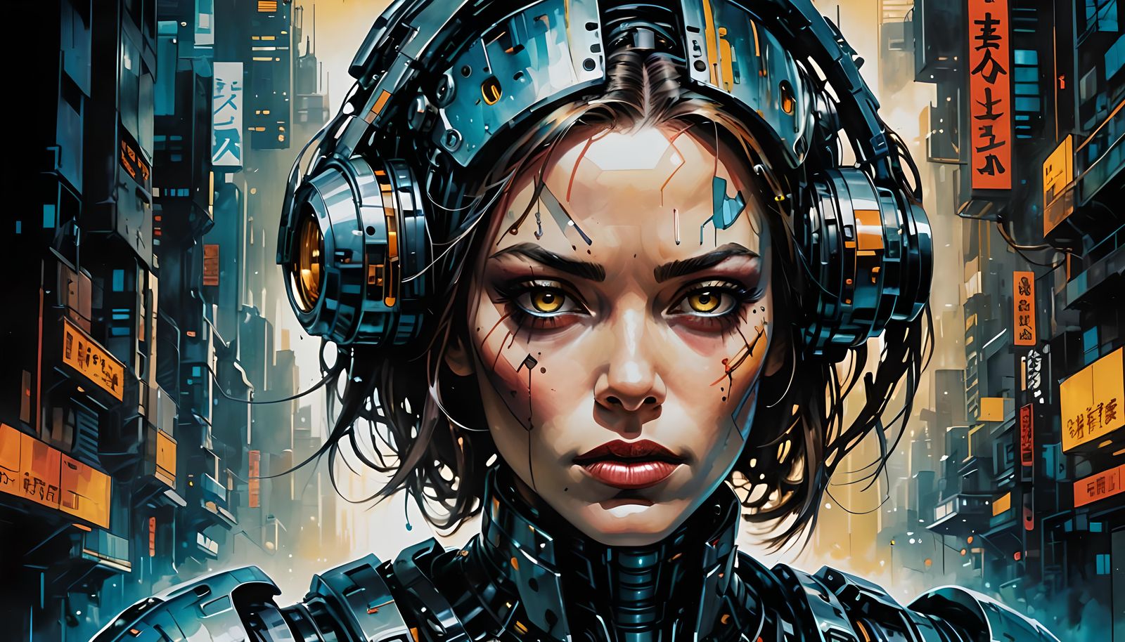 Retro-Futuristic Cyborg Portrait in Alcohol Ink Style