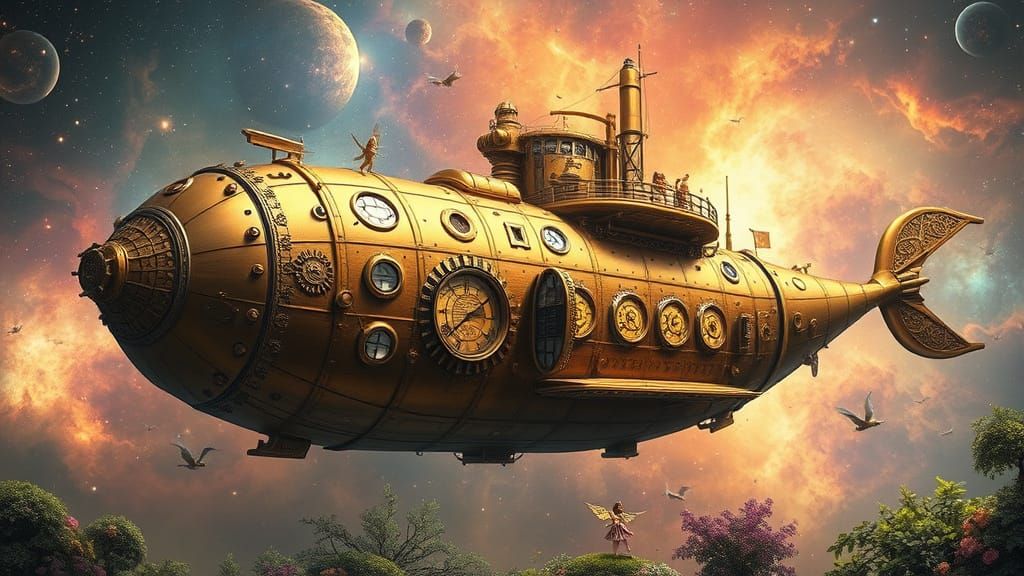 Steampunk Whale Airship Glides Through Nebula
