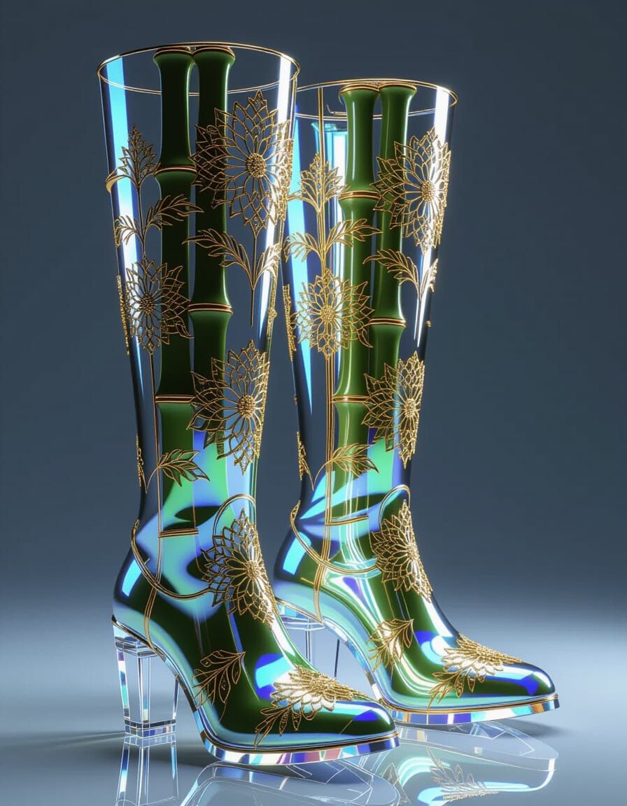 Iridescent Crystal Bamboo Boots with Golden Floral Prints