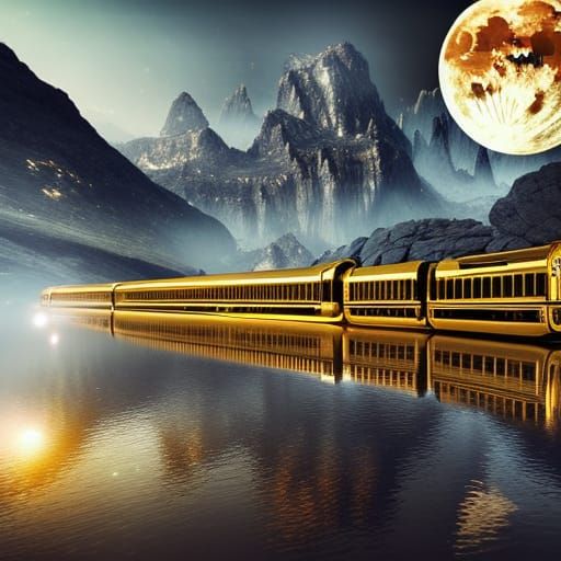 Golden Train on Lake at Dawn: Digital Matte Painting