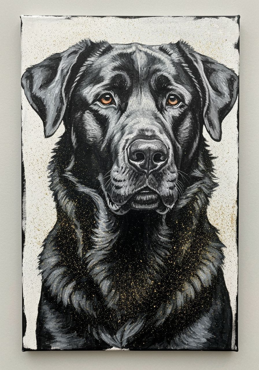 Gritty Guard Dog Portrait in Ash, Ink, and Glitter