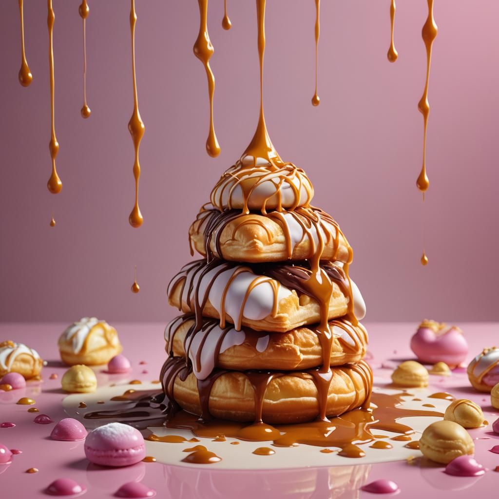 Pastries with Caramel Drizzle and Pink Sauce: Detailed Matte...