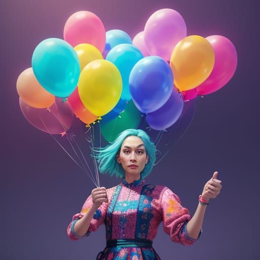 Hyperrealistic Person Holding Balloons in Splash Art Style