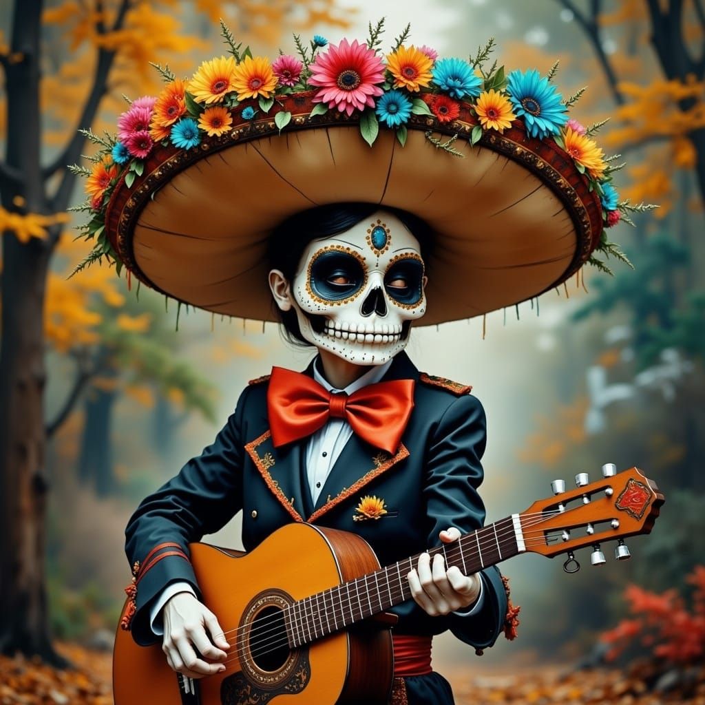 Day of the Dead Mariachi Singer in Water-Ink Style