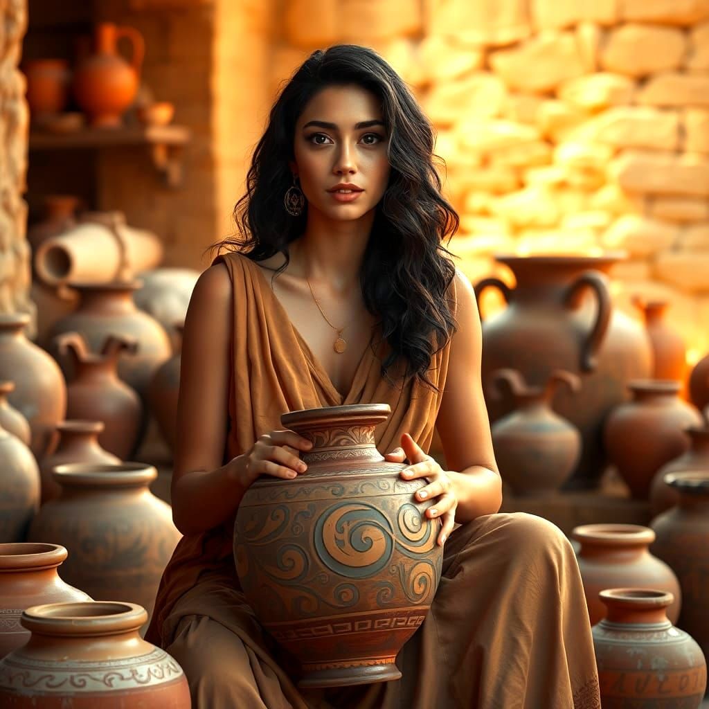 Greek Woman Shaping Pot in Detailed Matte Painting