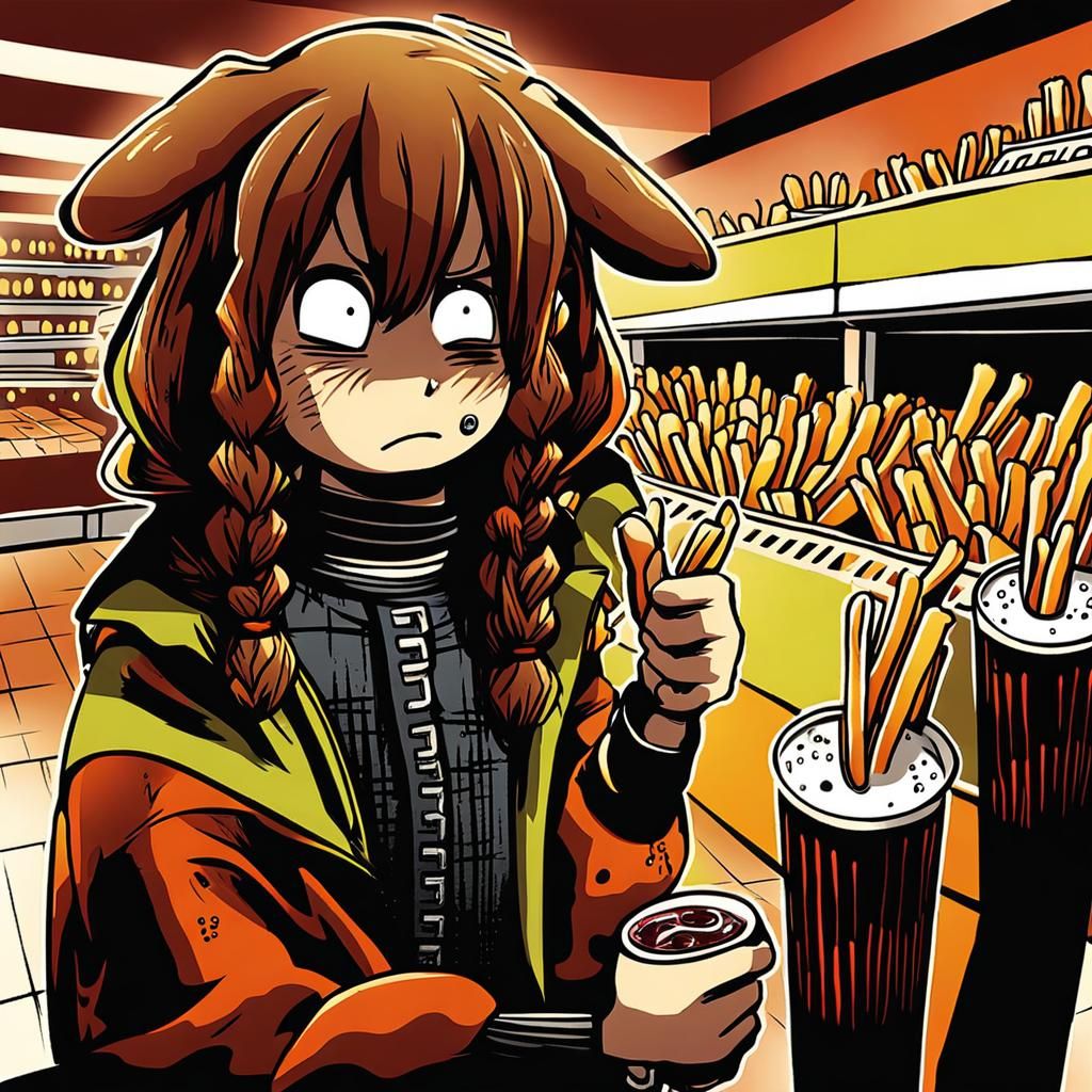 Anime Dog Girl in Mall with Soda and Fries