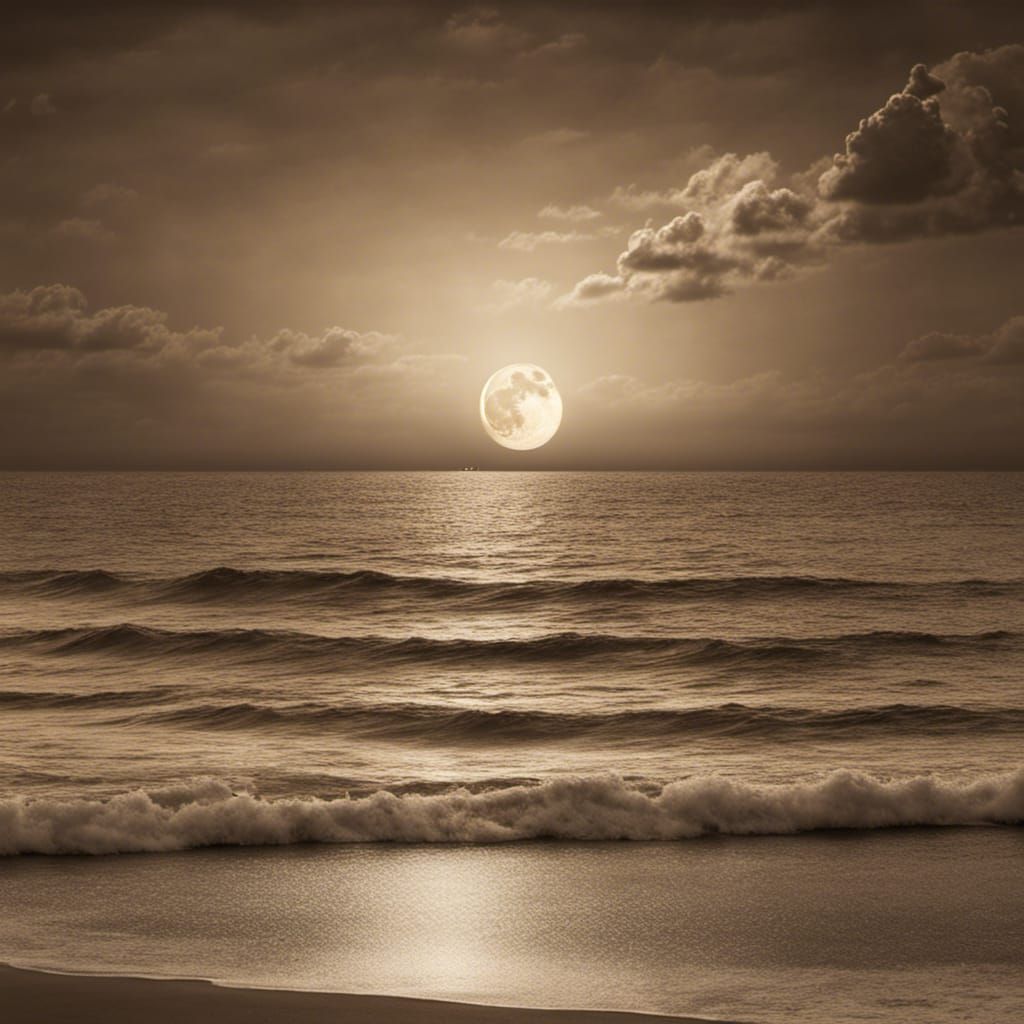 Giant Quarter Moon Over Ocean: Sepia Masterpiece