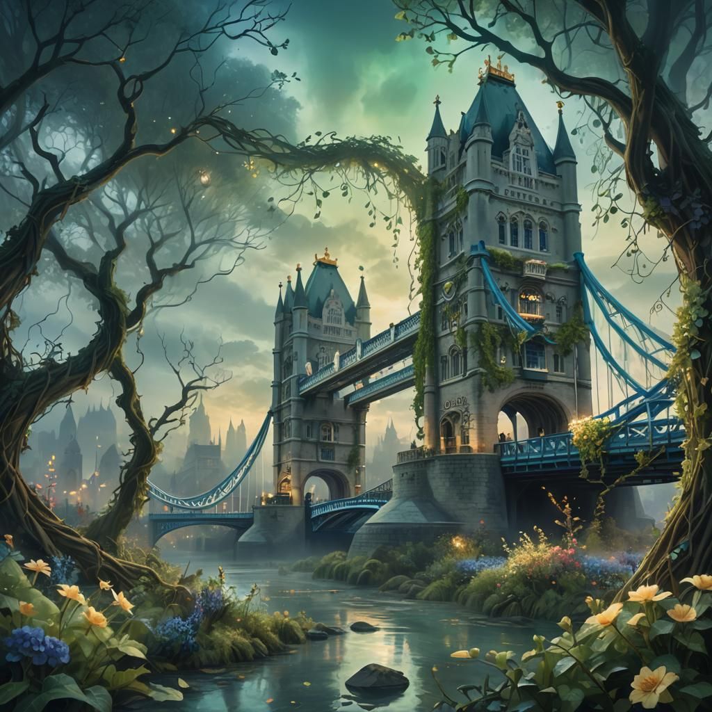 Tower Bridge Overgrown in Emerald and Sapphire Fantasy